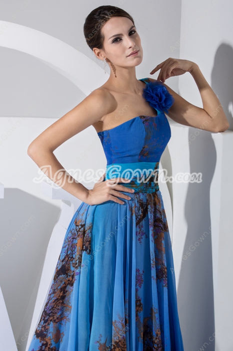 Unique One Straps Royal Blue Printed Chiffon Prom Dress 