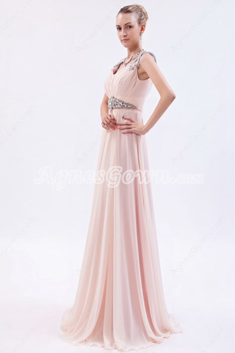 Noble Spaghetti Straps A-line Pearl Pink Chiffon Engagement Evening Dress 