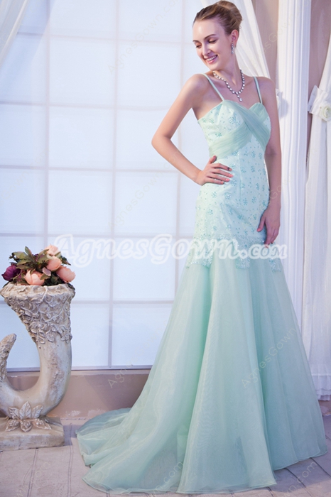 Dazzling Long Sage Organza Prom Dress With Beads