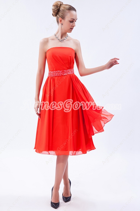 Lovely Strapless Knee Length Orange Chiffon Prom Dress For Juniors 