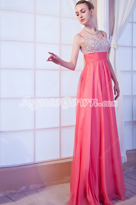 Luxury Spaghetti Straps Watermelon Chiffon Junior Prom Dress With Beads 