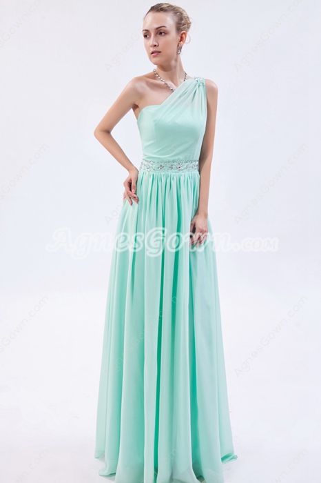 Sassy One Shoulder Column Tiffany Green Bridesmaid Dress With Diamonds 