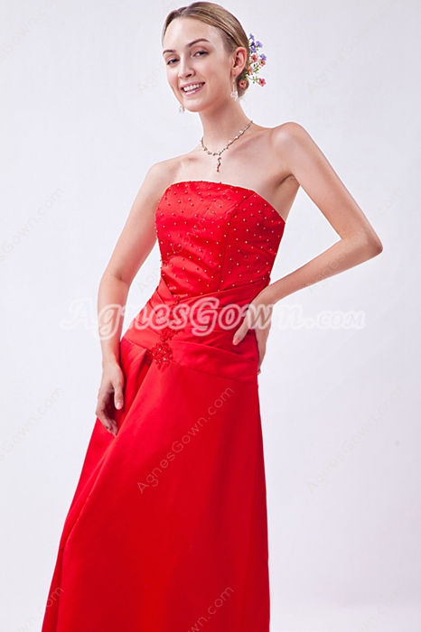 Column Full Length Red Satin Junior Prom Dress With Beads 