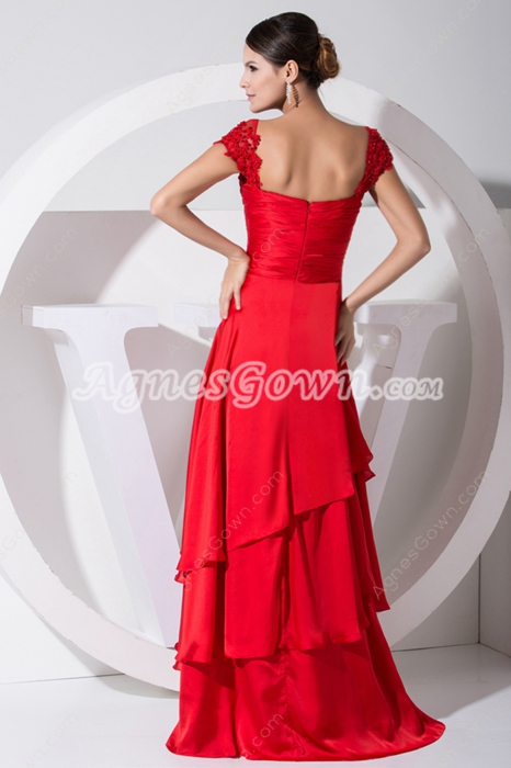 Cap Sleeves Red Satin Prom Party Dress 