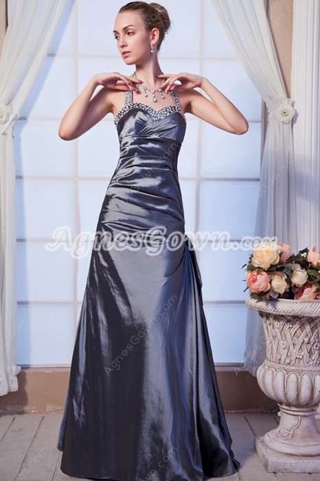 Backless Halter Silver Grey Taffeta Prom Dress 