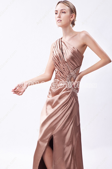 One Shoulder Champagne Evening Dress Front Slit 