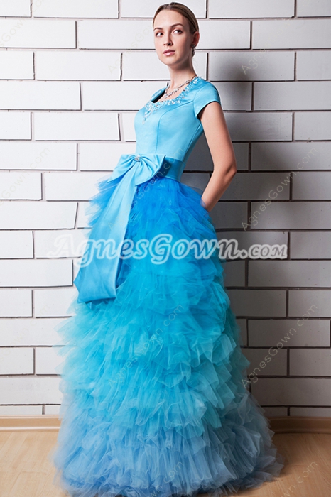 Short Sleeves Puffy Blue Sweet Sixteen Dress Long Length 