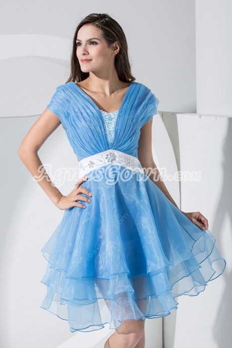 Sassy Puffy Mini Length Blue Quince Dress For Damas 