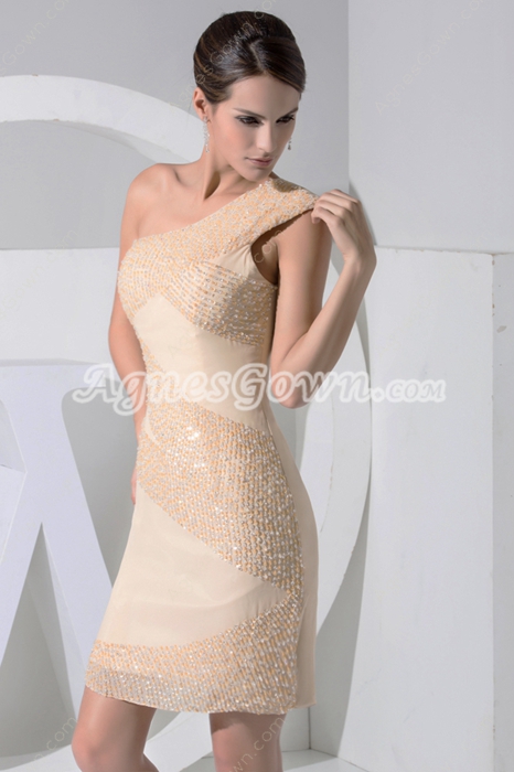Chic One Straps Mini Length Champagne Beaded Wedding Guest Dress 
