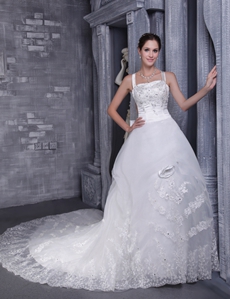 Double Straps A-line Full Length Lace Wedding Dress 