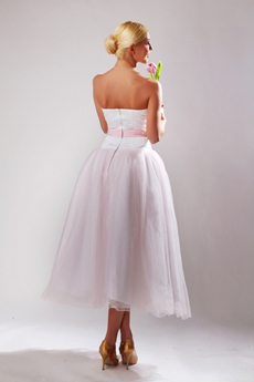 A-Line Tea Length Beach Wedding Dress With Pink Sash 