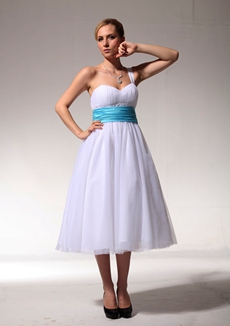 Single Straps Tea Length Beach Wedding Dress With Blue Sash 