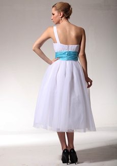 Single Straps Tea Length Beach Wedding Dress With Blue Sash 
