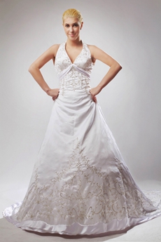 Stunning Halter White Wedding Dress With Gold Embroidery 