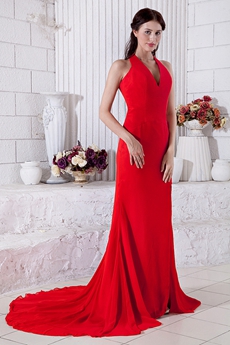 Glamour Sheath Halter Red Formal Evening Dress High Slit 