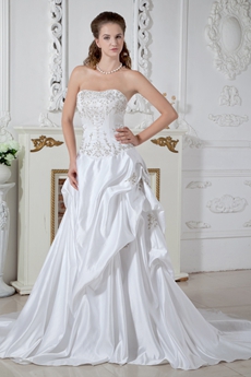 Classy White Satin Plus Size Wedding Dress With Silver Embroidery 
