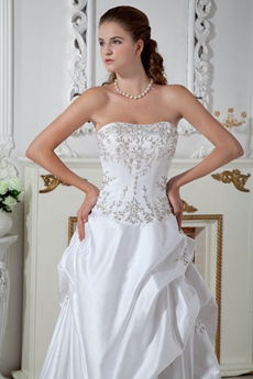 Classy White Satin Plus Size Wedding Dress With Silver Embroidery 
