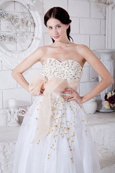 Pretty White Organza Princess Quince Dress With Gold Embroidery 
