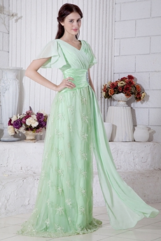 V-Neckline Short Sleeves Sage Colored Prom Dress With Lace