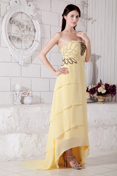 Special Yellow Chiffon High Low Prom Dress With Beads 