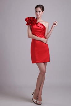 One Shoulder Mini Length Red Satin Cocktail Dress 