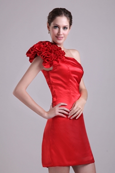 One Shoulder Mini Length Red Satin Cocktail Dress 