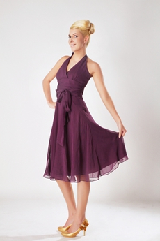 Chic Halter A-line Knee Length Purple Junior Bridesmaid Dress 
