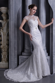 High Collar Cap Sleeves A-line Lace Wedding Dress 