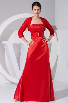 Red Satin Mother Dress With 3/4 Sleeve Jacket 