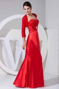 Red Satin Mother Dress With 3/4 Sleeve Jacket 