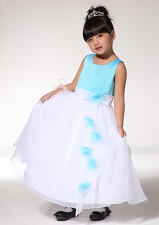 Scoop Neckline Blue And White Flower Girl Dress With Handmade Flowers  
