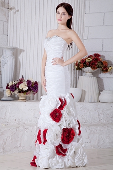 Impressive White & Red Taffeta Mermaid Floral Wedding Dress 