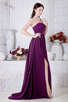 Grape Chiffon Modest Prom Party Dress Front Slit 