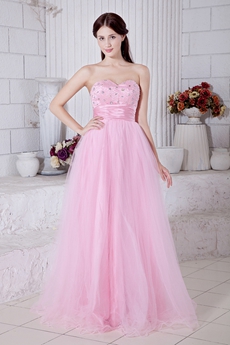 Lovely Sweetheart Pink Tulle Princess Quince Dress With Beads 