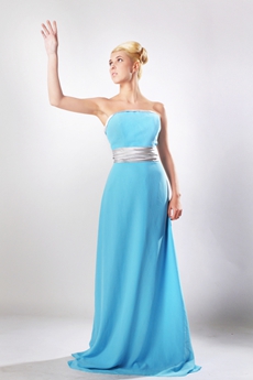 Graceful A-line Blue Chiffon Formal Evening Dress With Silver Sash  