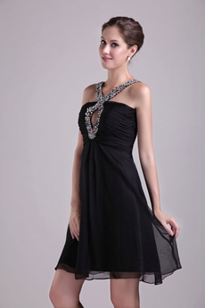 Double Straps Mini Length Black Nightclub Dress With Beads 