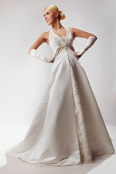 Impressive Halter A-line Satin Plus Size Bridal Dress With Lace 