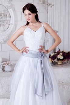 Spaghetti Straps White Organza Princess Wedding Dress With Silver Sash 