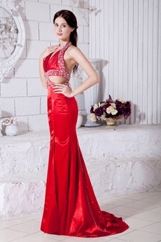 Sexy Halter Mermaid Red Formal Evening Dress Backless 