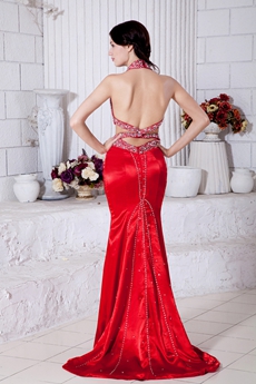 Sexy Halter Mermaid Red Formal Evening Dress Backless 