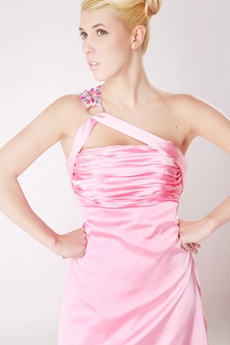 Stunning One Shoulder Pink Satin Formal Evening Dress 