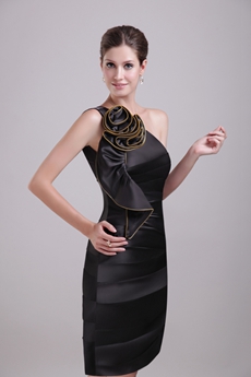 Mini Length One Shoulder Black Satin Party Dress  