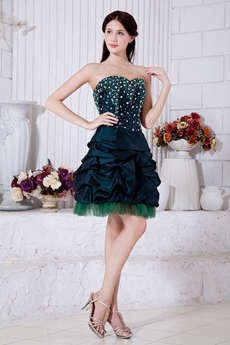 Mini Length Dark Green Taffeta Sweet Sixteen Dress With Beads 