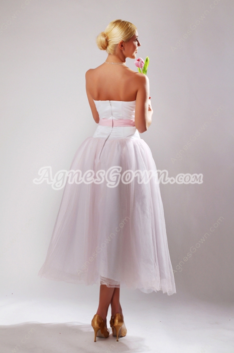 A-Line Tea Length Beach Wedding Dress With Pink Sash 