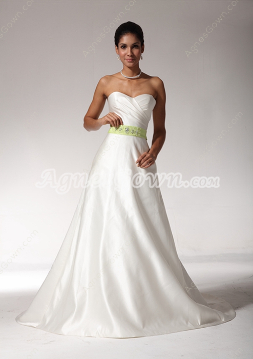 Exclusive A-line White Satin Wedding Dress With Lime Green Sash 