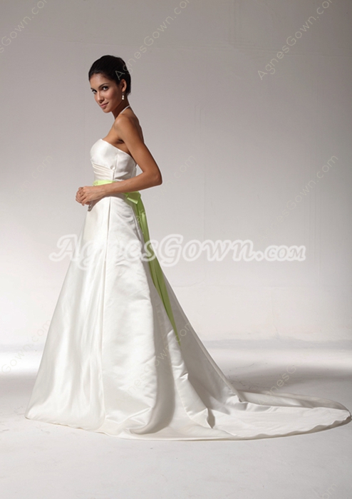 Exclusive A-line White Satin Wedding Dress With Lime Green Sash 