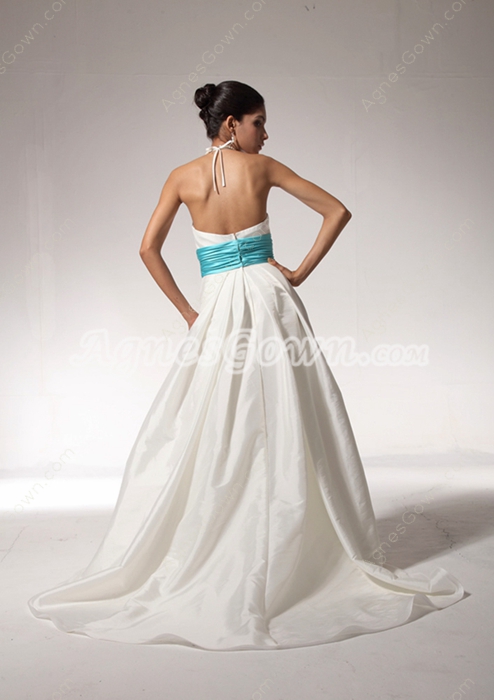Classy Halter A-line Ivory Wedding Dress With Blue Sash 
