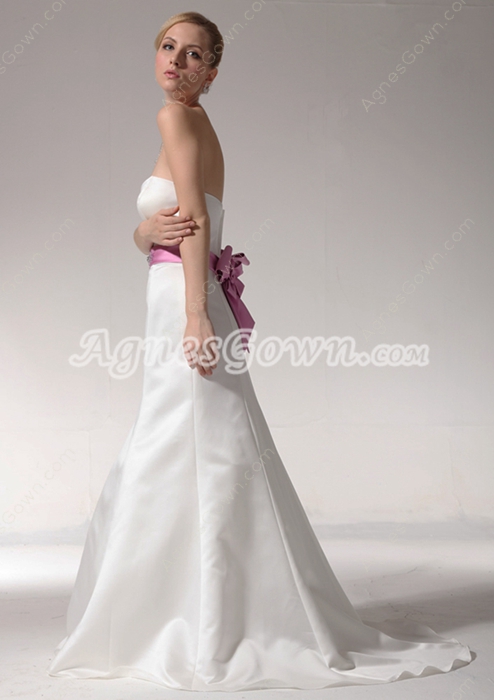 Noble A-line White Satin Wedding Dress With Lilac Sash  