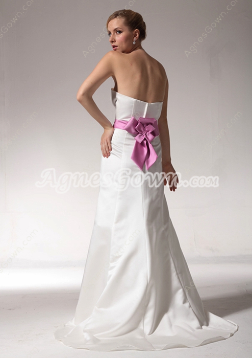 Noble A-line White Satin Wedding Dress With Lilac Sash  