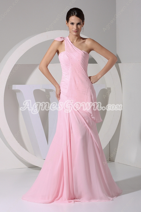 Pretty One Straps Pink Chiffon Celebrity Evening Gown 